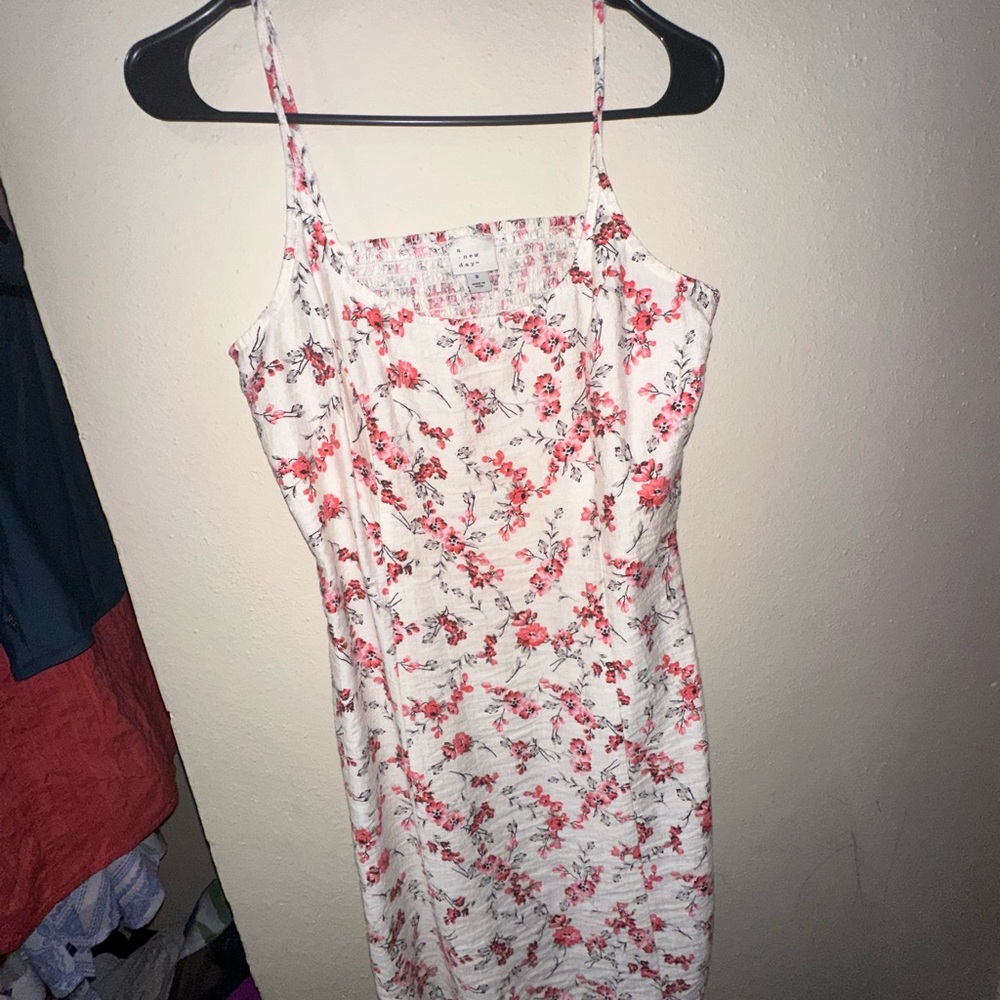 White Floral Spaghetti-Strap Dress with Pink Blossoms
